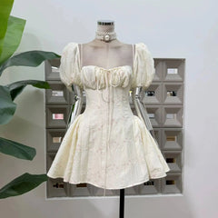 Puff Sleeve Square Collar Embroidery Mini Dress