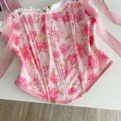 Pink Floral Print Bow Mesh Straps Corset Top