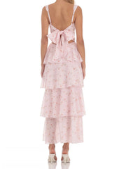 Flower Print Tiered Back Tie Up Maxi Dress