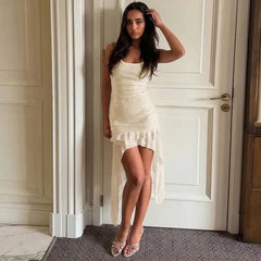 White Sequin Ruffle Hem Midi Dress