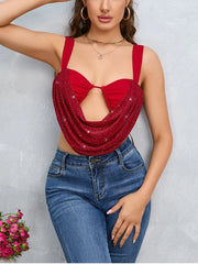 Red Bralette Rhinestone Cowl Crop Top