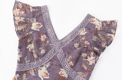 Purple Floral Print V-Neck Chiffon Mini Dress