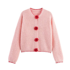 Knit Flower Buttoned Fuzzy Cardigan