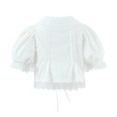 White Lace Hem Puff Sleeve Peter Pan Collar Crop Top