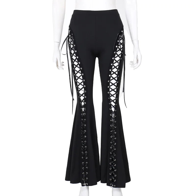 Black lace-up pants on a mannequin against a white background