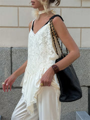 White Lace Printed Strap Long Top