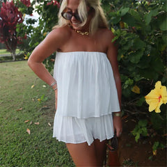 White Pleated Tube Top And Shorts Set