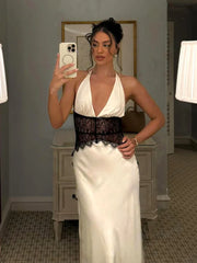 Satin Lace Patchwork V-neck Midi Dress