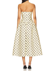 White Satin Polka Dot Strapless Midi Dress