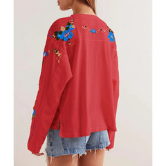 Graphic Numer Floral Embroidery Long Sleeve Shirt