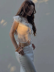 White Short Sleeve Sheer Ruffle Tie Up Top