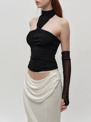 Solid Halter Folds Strapless Top