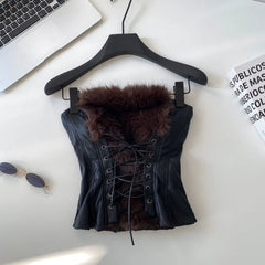 Faux Fur Leather Lace Up Strapless Smocked Crop Top