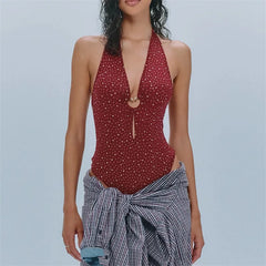 Rhinestone Front Cut Out Halterneck Bodysuit