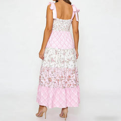 Pink Floral Plaid Tie-Shoulder Smocked Tiered Maxi Dress