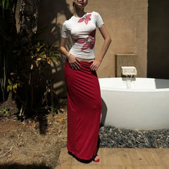 White Flower Print Round Neck Short Sleeve T Shirt