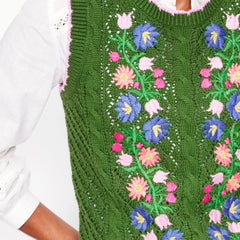 Green Floral Embroidered Sweater Vest
