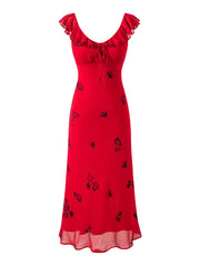 Red Floral Print Chiffon Sleeveless Midi Dress
