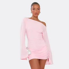 Pink Off-Shoulder Long Sleeve Ruched Mini Dress
