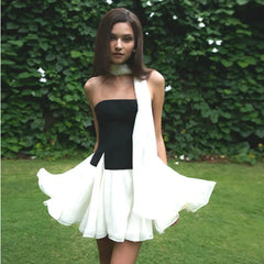 Black Cut Out Hem Tube Top And White Frill Mini Skirt With Scarf