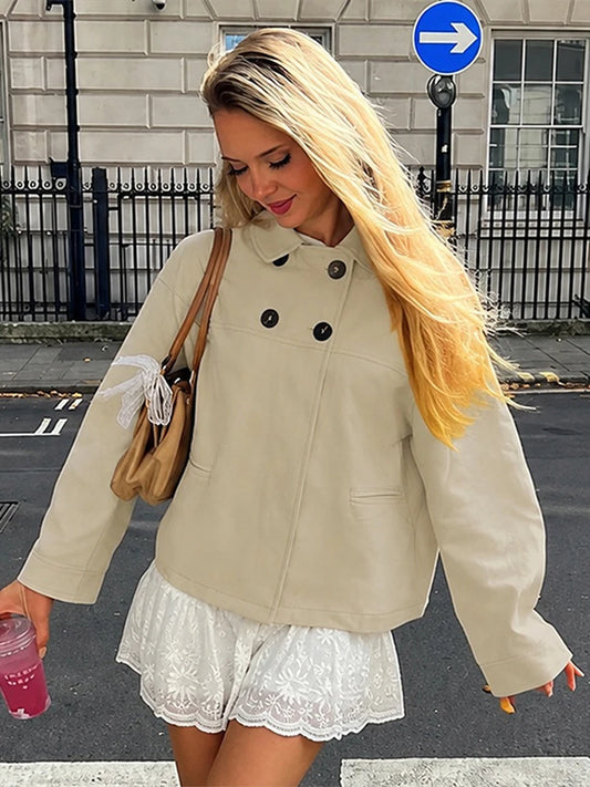 Khaki Double Breasted Side Pocket Cropped Jacket