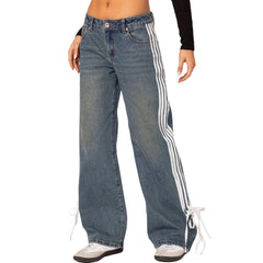 Low Rise Jeans Side Stripe Tie Bow Straight Leg Denim Pants