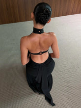 Halter Neck Backless Hollow Out Back Tie‑Up Ruffle Hem Mermaid Midi Dress