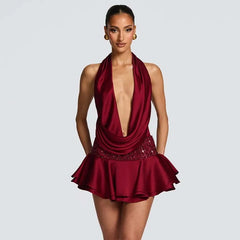 Deep Cowl Neck Halter Crop Top And Sequin Mini Skirt Set