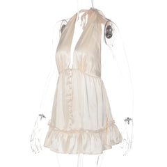 White Satin V-Neck Buttoned Mini Dress