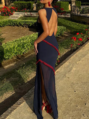 Blue Open Back Mesh Sleeveless Maxi Dress