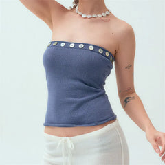 Ribbed Shell Buttons Trim Tube Top