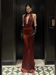 Burgundy Satin Sequin Plunge V-neck Drape Maxi Dress