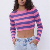 Purple Striped Ribbed Crew Neck Crop Top