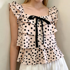 Polka Dot Square Neck Bow Tie Sleeveless Layered Blouse