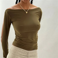 Off-Shoulder Slit Long Sleeve Top