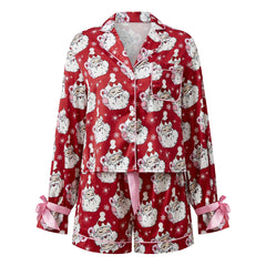 Christmas Satin Button Down Shirt And Pajama Shorts Set