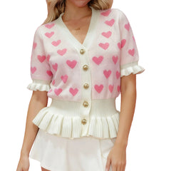 Heart Pattern Half Sleeve Ruffled Hem Cardigan Top