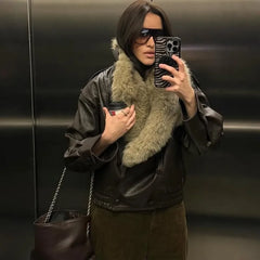 Faux Fur PLush Collar Pu Leather Jacket