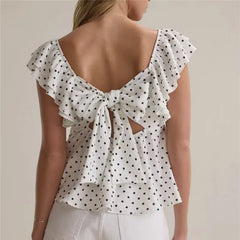 White Polka Dot Ruffle Sleeve Peplum Top