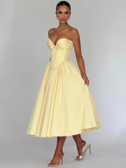 Yellow Strapless A-line Bow Gown Midi Dress