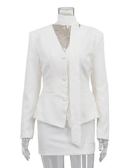 White V-Neck Tapered Waist Suit And Mini Skirt Set