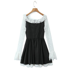 Black Long Sleeve Lace Hem Mini Dress