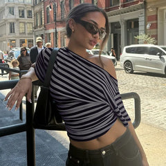 Diagonal Collar Striped T-shirt