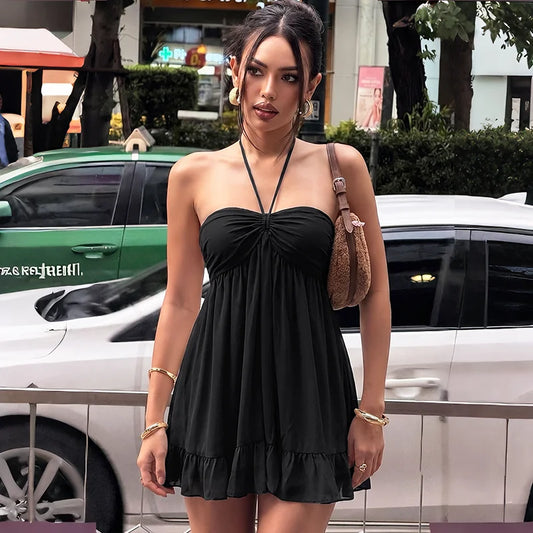 Black Strappy Halter Babydoll Mini Dress