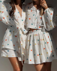 White Printed Ruffle Long Sleeve Shirt And Shorts Set