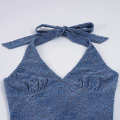 Blue Lace Halter Crop Top And Mini Skirt Set