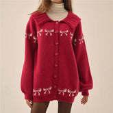Bow Print Collar Button Up Cardigan