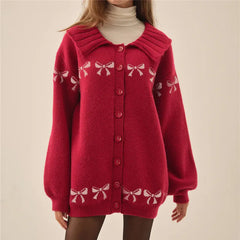 Bow Print Collar Button Up Cardigan