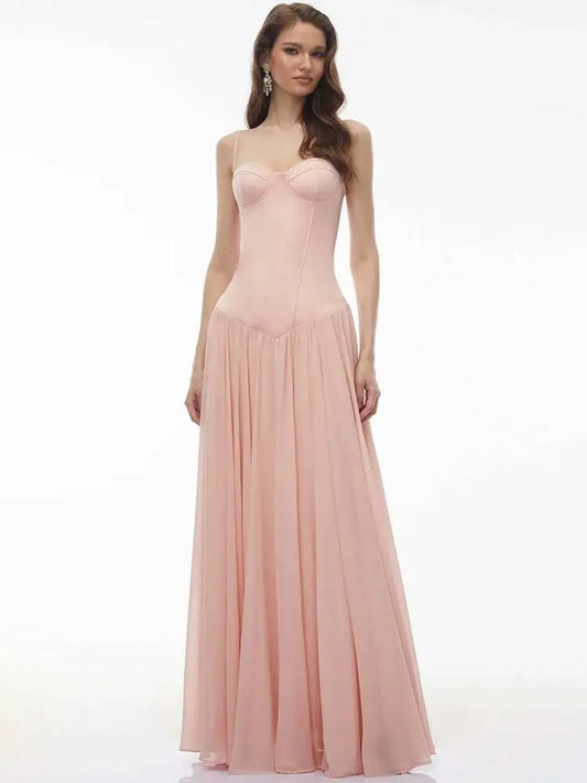 Pink Spaghetti Strap Corset Lace-up Maxi Dress