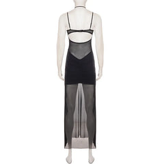 Black Sheer Halter Neck Patchwork Bodycon Long Dress